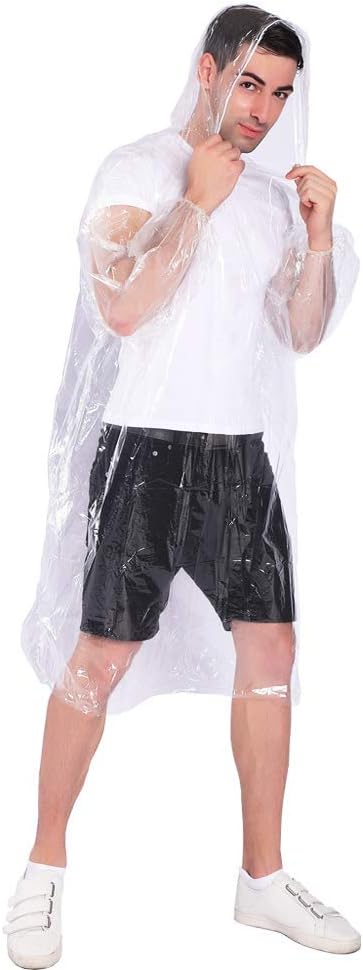Rain Ponchos, with Drawstring Hood (10 Pack) Emergency Disposable Rain Ponchos Family Pack for Adults, Clear