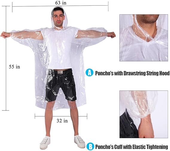 Rain Ponchos, with Drawstring Hood (10 Pack) Emergency Disposable Rain Ponchos Family Pack for Adults, Clear