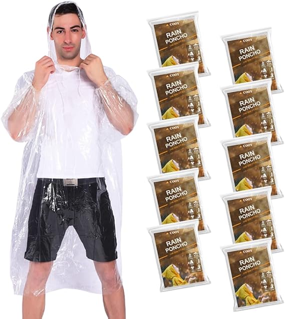Rain Ponchos, with Drawstring Hood (10 Pack) Emergency Disposable Rain Ponchos Family Pack for Adults, Clear